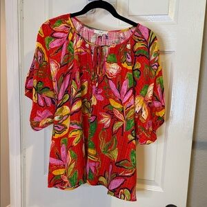 easel Red Floral Tie-Front Peasant Blouse
